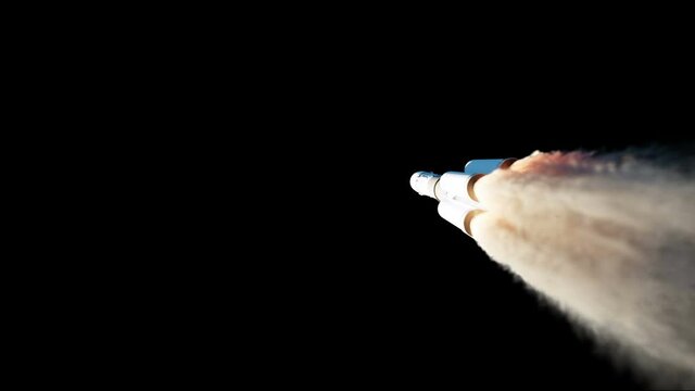 Flying rocket with alpha mask. Fire og rocket. Realistic 4k animation.