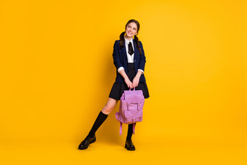 Full length photo of curious consider high school girl hold backpack look copyspace enjoy academic...