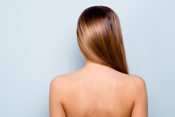 Fototapeta premium Back behind rear closeup view photo of pretty gorgeous long-haired cute showing silky shiny perfect skin of back hair on shoulder wearing nothing isolated on grey background