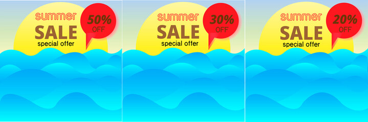Web Set of Summer Sale poster, banner, advertising, card marine style concept. Vector design.