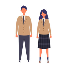 A couple of vector students from high and middle school. Vector illustration of boy and girl in uniform of same color.