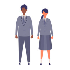 A couple of vector students from high and middle school. Vector illustration of boy and girl in uniform of same color.