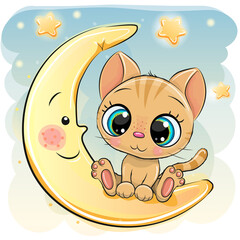 Cartoon Kitten is sitting on the moon