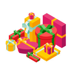 Obraz premium Pale of isometric gift boxes on white background, vector illustration. Bright, colorful present and gift boxes with ribbon bows.