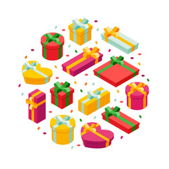 Isometric gift boxes on white background, vector illustration. Bright, colorful present and gift boxes with ribbon bows. Round design element.