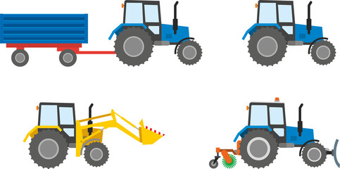 Set of construction equipment: tractor isolated on a white background. The work of a tractor excavator at a construction site, in a quarry, for road works. Flat infographics. Vector illustration