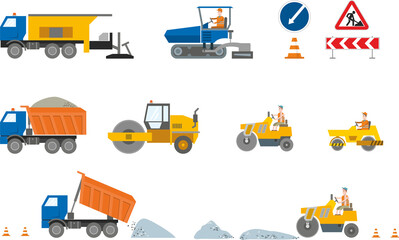 Set of construction equipment: dump truck, compactor, paver, road signs isolated on a white background. Machinery and equipment for road works. Flat infographics. Vector illustration