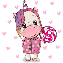 Cartoon Unicorn in coat and with Lollipop