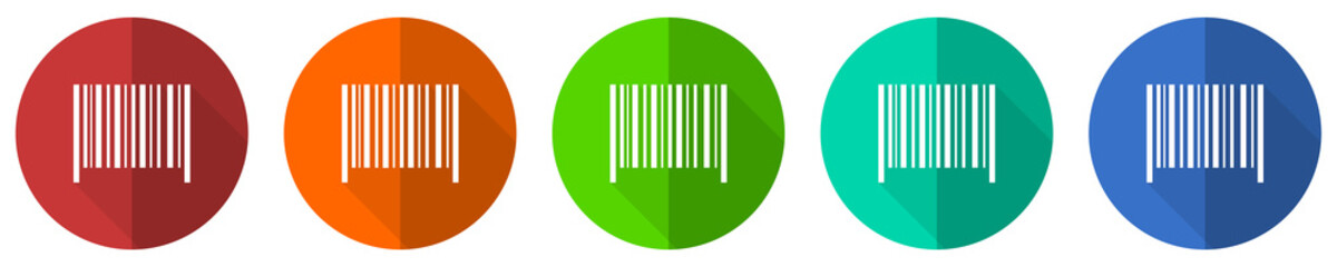 Barcode icon set, red, blue, green and orange flat design web buttons isolated on white background, vector illustration