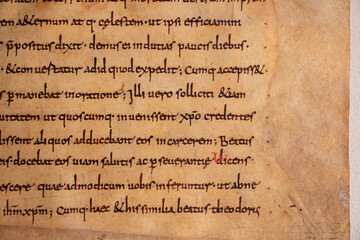 Anglo-saxon leaf showing script by scribe Cundpato from the C8th or C9th written on parchment. 