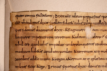 Anglo-saxon leaf showing script by scribe Cundpato from the C8th or C9th written on parchment. 