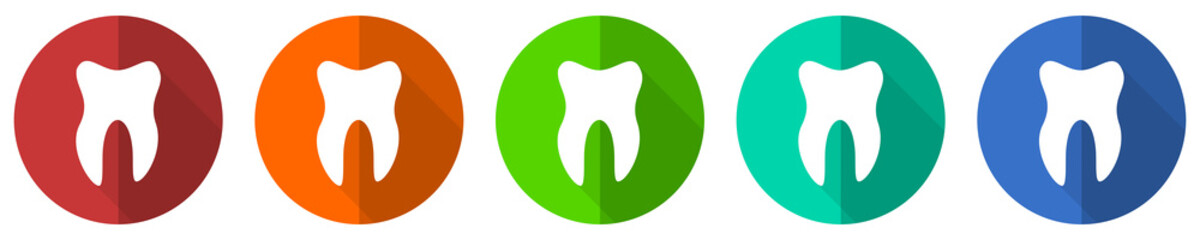 Tooth icon set, red, blue, green and orange flat design web buttons isolated on white background, vector illustration