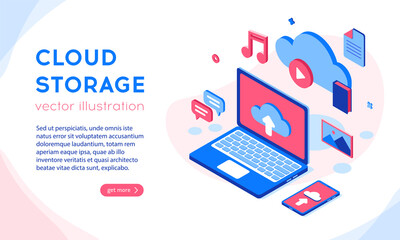 Cloud storage design concept, flat isometric vector illustration. Bright, colorful template for presentation, web, advertisement, banner.