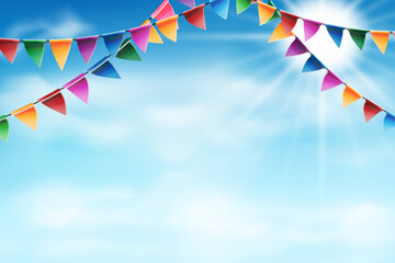 Celebrate banner on Sunny blue sky with clouds. Party flags with confetti. Vector illustration.