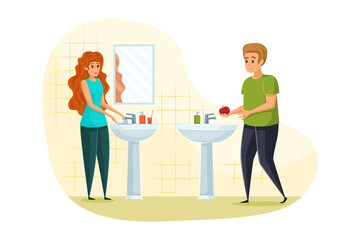 Protection, coronavirus, quarantine, healthcare, infection concept. Young couple in love woman girlfriend washing hands and man boyfriend fruits. Preventive measures from covid19 desease illustration.