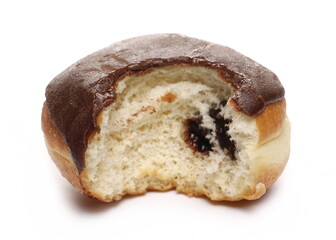 Chocolate cream glazed doughnut with bitten off chunk isolated on white background