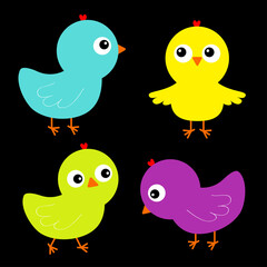 Colorful bird set icon. Face head. Chicken chick. Cute cartoon funny kawaii baby character. Happy Easter. Friends forever. Greeting card. Flat design. Black background. Isolated.