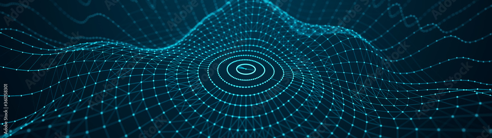 Poster abstract dynamic wave of particles. network of bright points and lines. big data. digital background
