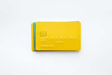 security concept. stack of credit card on white desk top-down copy space