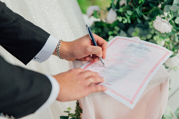 bride and groom signing contract