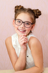 Cute little girl child preteen in eyeglasses education, school and vision concept isolated - 360159145