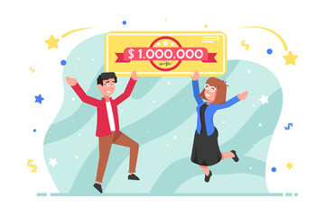 Jackpot, success, luck, winning, lottery concept. Happy couple in love man and woman boy and girl winners holding money prize and bank cheque bill for one million dollars. Casino gambling fortune.