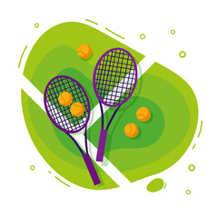 Tennis rackets and balls on the court grass, flat style vector illustration. Sport concept.
