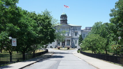 Montreal, QC/ Canada - 6/24/2020: McGill University campus. McGill university flag is on top of McCall MacBain (Arts building) with blue sky in the background.