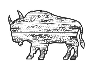 wooden buffalo bison animal silhouette sketch engraving vector illustration. T-shirt apparel print design. Scratch board imitation. Black and white hand drawn image.