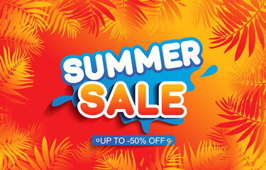 Summer sale vector background with palm leaf on light yellow sand beach background. Nature summer tropic concept. Discount text offer 50 percent off. Vector illustration.