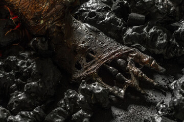 The burned foot of a man in an extinct fire. Halloween and crime concept.