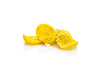 Bowl cornflakes isolated on white. Snack breakfast Cereal corn flakes background. Healthy eating, dieting and detoxication concept, space for text. Macro close-up shot.