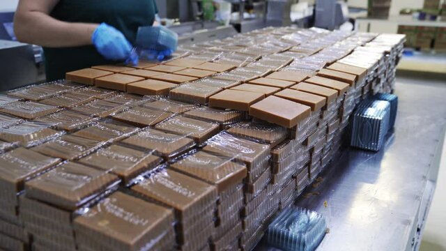 candy factory worker packs manually into cartons tiles sherbet.
