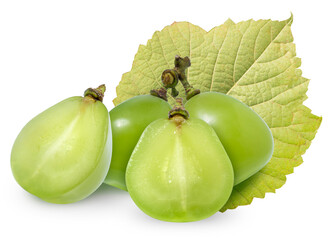 Fresh Green grape with leaves isolated on white. Shine Muscat Grape on white With clipping path.