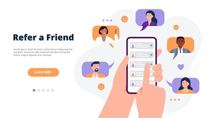 Referral program concept. Hands holding a phone with contacts of friends. Social media marketing for friends. Trendy flat vector illustration for banners, landing page template, mobile app. - obrazy, fototapety, plakaty