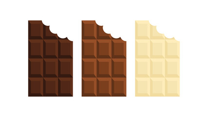 Set of bitten chocolate bars. White, milk and black chocolates. Vector illustration
