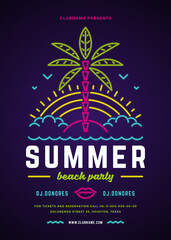 Summer beach party flyer or poster template neon signage lights typography style design.