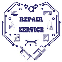 Repair service, diagnostics and maintenance of kitchen, household appliances - stylish retro logo in the form of a mechanical, digital heart. Vector