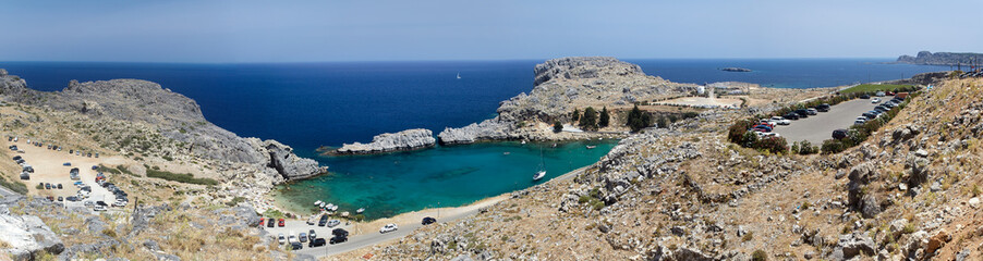 Fototapeta na wymiar Panorama of the Beautiful St. Paul's bay near the town of Lindos, Rhodes, Greece
