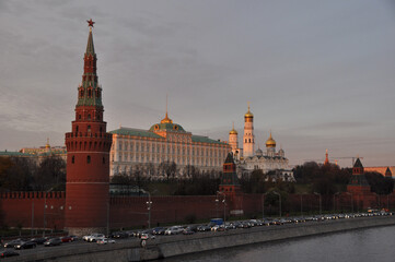 Evening panorama of the Kremlin, the Kremlin embankment and the Moscow River. View from the Big Stone Bridge. Autumn in Moscow.