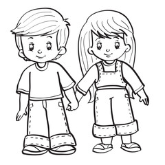 girl and boy stand and hold hands, sketch, isolated object on white background, vector illustration,