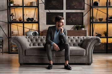 Cool and handsome. Good looking young man in full suit sitting on the sofa while spending time...