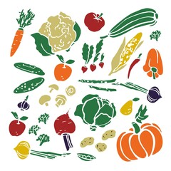 Set of hand-drawn vegetables on white background. For decorative works invitations, harvest festivals, alphabet for children. Healthy organic vegetarian food. Sketch color vector illustratation