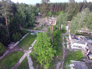 The destruction of the remnants of communism (drone image).Totally marauded and vandalised by ukrainian patriots after Revolution Dignity in 2014 kids summer camp. Kiev region. Ukraine