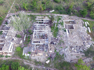 The destruction of the remnants of communism (drone image).Totally marauded and vandalised by ukrainian patriots after Revolution Dignity in 2014 kids summer camp. Kiev region. Ukraine