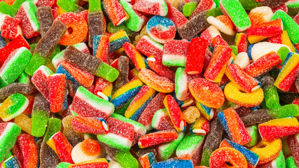 Assorted gummy candies. Top view. Jelly  sweets.