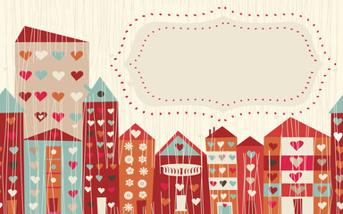 Valentine card with colorful doodle hearts. Seamless city in love. Vector illustration