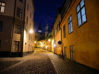 Empty street in Stockholm, night view