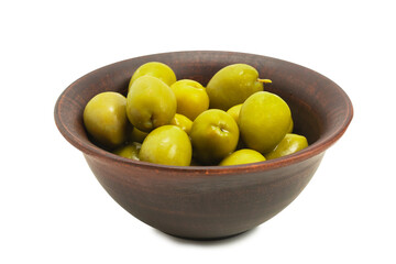 Olives in ceramic brown bowl isolated on white