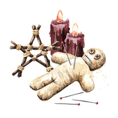 Voodoo doll, pentagram symbol and red candles. Witchcraft, Magic, occult and esoteric concept. Hand drawn watercolor illustration, isolated on white background